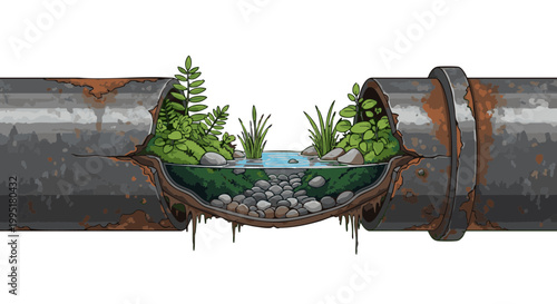 Nature growing inside broken rusty pipe, new life ecosystem vector illustration