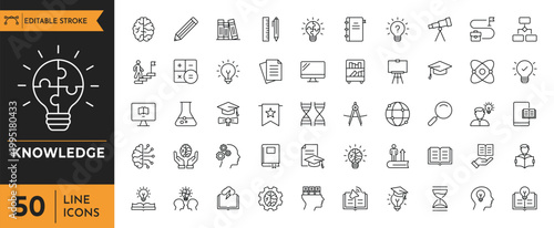 Knowledge outline icon set. Containing cognition, efficiency, genius, idea, and more. Editable stroke. Vector illustration.