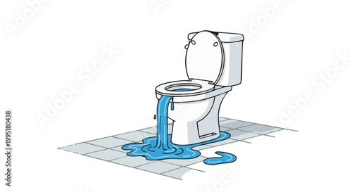 Leaking toilet bowl overflowing with water onto tiled floor. Vector illustration of plumbing problem and water damage isolated on black background