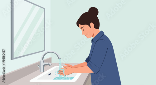 Woman washing hands in bathroom sink. Vector illustration of hygiene and personal care routine