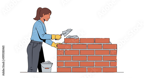 Woman building brick wall with trowel and mortar illustration
