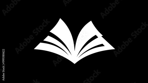 Minimalist open book icon with fanned pages against a black background, symbolizing education, knowledge, learning, and literature.
