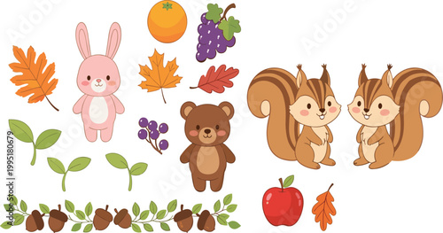 Cute autumn animals vector illustration set with rabbit, bear and squirrels, fall leaves and fruits, woodland seasonal elements isolated on white background