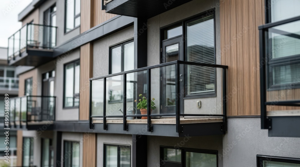 Fototapeta premium Closeup of a midrise residential building exterior showing modern balcony railings and window details the focused balcony contrasting with an outoffocus facade background.