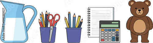Everyday objects collection with water jug, stationery supplies, notebook, calculator and teddy bear, flat vector illustration set for school, office and lifestyle design