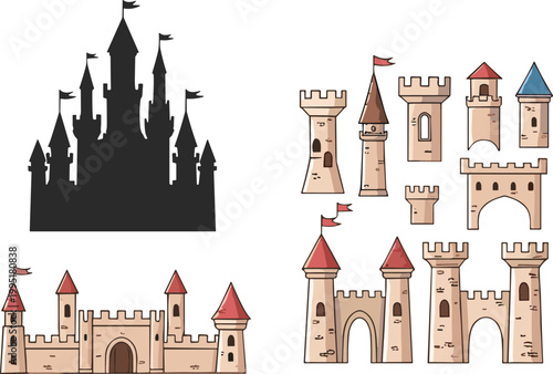 Fairy tale castles and houses set colorful fantasy buildings collection medieval architecture vector illustration isolated
