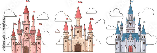 Fairy tale castles and houses set colorful fantasy buildings collection medieval architecture vector illustration isolated