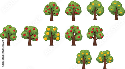 Fruit trees vector illustration set with apple and orange trees, cartoon orchard plants collection isolated on white background