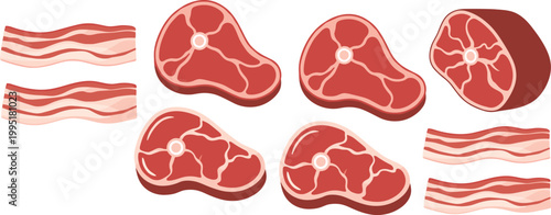 Meat cuts set beef steak bacon and chicken pieces collection butcher food vector illustration isolated