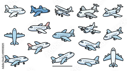 Foto A collection of diverse cartoon airplanes in various poses and styles, showcasing different aircraft designs