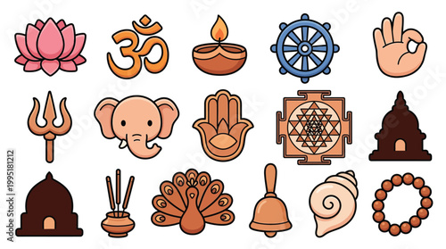 A collection of colorful icons representing various symbols of Hinduism, Buddhism, and Jainism, including Om, lotus, dharma wheel, and more.