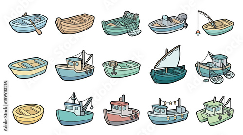 Slika na platnu A collection of various cartoon-style boats and watercraft, including rowboats, fishing boats, and motorboats, depicted on a white background