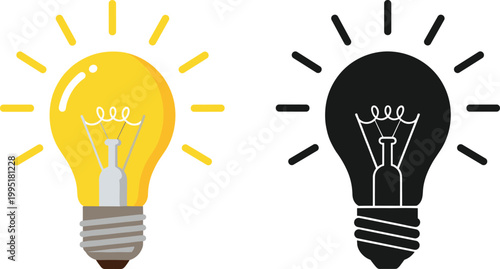 Vector Set of Lightbulb Icons in Yellow and Black for Creativity, Innovation, and Energy Concepts