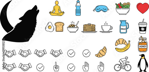 Vector Set of Lifestyle, Health, and Wellness Icons Including Wolf, Food, Exercise, Meditation, and Checkmarks for Digital and Print Designs