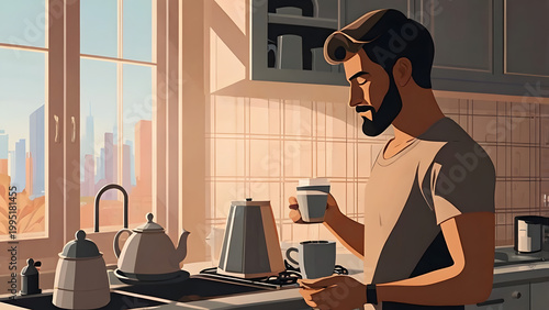 Man enjoying a hot beverage in a cozy kitchen with city views at sunrise