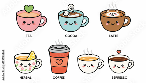 Cute Kawaii Coffee and Tea Drinks Collection Vector