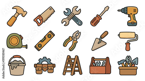 A collection of various hand tools , including a hammer, saw, wrenches, screwdriver, drill, tape measure, level, pliers, trowel, paint roller, bucket, gear, ladder, and toolboxes.