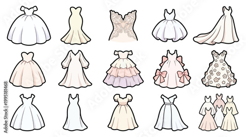 A collection of 15 diverse wedding dresses and formal gowns, showcasing various styles from classic ballgowns to modern A-line silhouettes, each with unique embellishments and designs.
