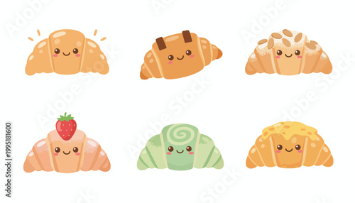 Cute Kawaii Croissant Characters with Various Toppings Vector