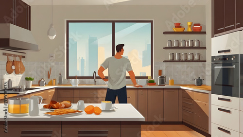 A man stands in a modern kitchen enjoying a quiet morning with a view of the city skyline