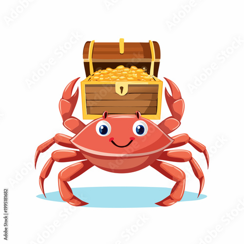 Cute Cartoon Red Crab Carrying Treasure Chest of Gold Coins from Sunken Ship Symbolizing Ocean Adventure and Hidden Wealth