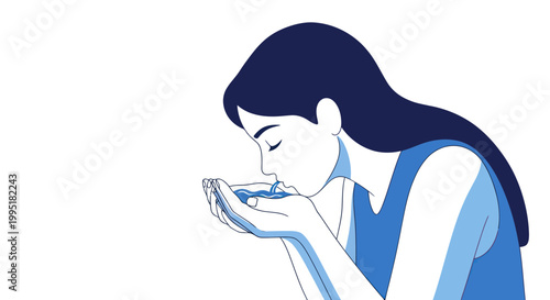 Woman drinking water from cupped hands, concept of hydration and purity