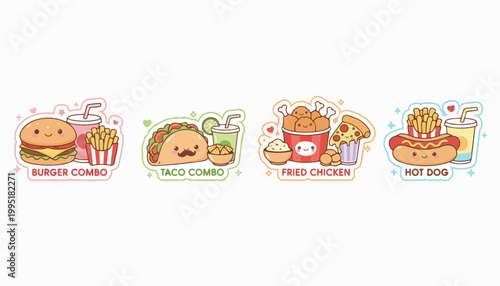 Cute Kawaii Fast Food Meal Illustrations Vector Set