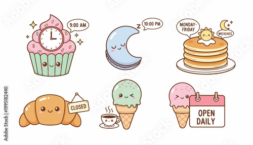 Cute Kawaii Food and Time Icons Vector Set