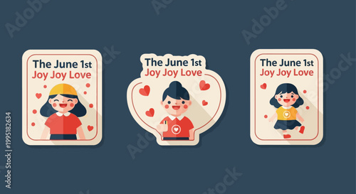 Cute cartoon stickers celebrate June 1st with joy and love.