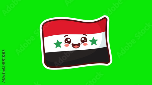 Cute Cartoon Syrian Flag Smiling with Green Stars and Expression.