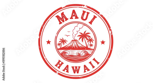 Photos Maui Hawaii Stamp - Volcano, Palm Trees, Ocean Waves - Vintage Style