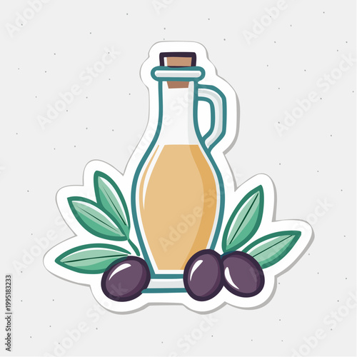 Olive oil bottle with olives and leaves illustration