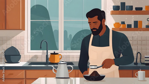 A dedicated man with a beard meticulously prepares fresh coffee, carefully tamping grounds into a portafilter in a modern, sunlit kitchen, embodying the ritual of home brewing