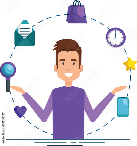 Man multitasking with daily activities icons communication shopping time management lifestyle balance flat vector illustration modern productivity concept
