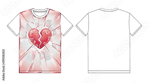 Front and back view of a t-shirt design featuring a stylized broken heart graphic with radiating lines t shirt heartbreak clothing illustration