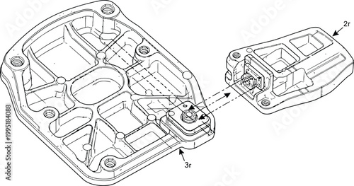 Mechanical engineering drawing showing an exploded view of cast metal components in a technical vector line illustration