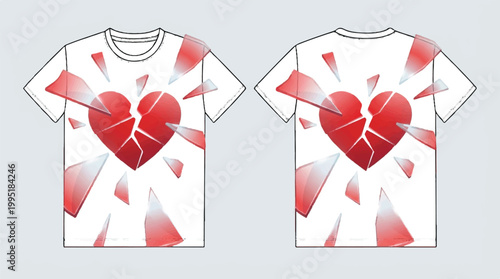 Front and back view of a white t-shirt with a graphic design of a shattered red heart t shirt broken heart apparel mockup clothing mockup
