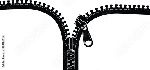 Black zipper closing with white background, illustration graphic design, simple concept, apparel detail