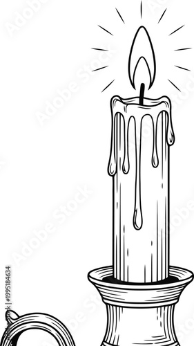 Candle burning illustration featuring a lit wax taper inside a classic metal holder isolated on white background
