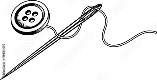 Simple vector illustration of a sewing needle with thread and a round button for crafts