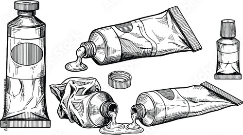 Art supplies illustration of paint tubes spilling colorful liquid with artistic sketch style and vintage appeal