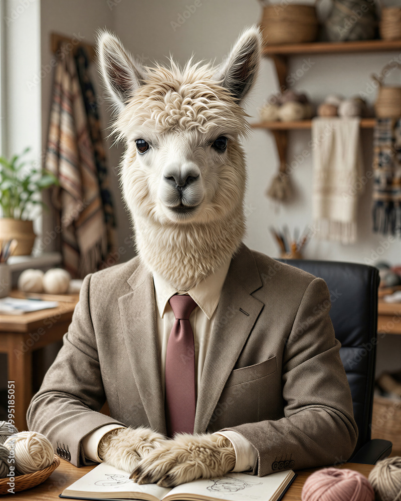 Obraz premium Professional photorealistic portrait of an alpaca in a beige business suit sitting at a craft studio desk with yarn samples and blurred artisan workspace background