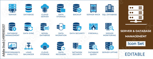 Server and database management icon set featuring cloud storage, SQL, NoSQL, data backup, recovery, network security, performance analytics, firewall, and server hosting symbols.