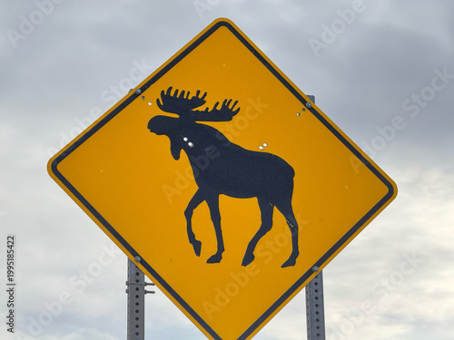 A sign in Canada warning of deer crossing the road.Sign,close-up.In the mountains of Quebec.
