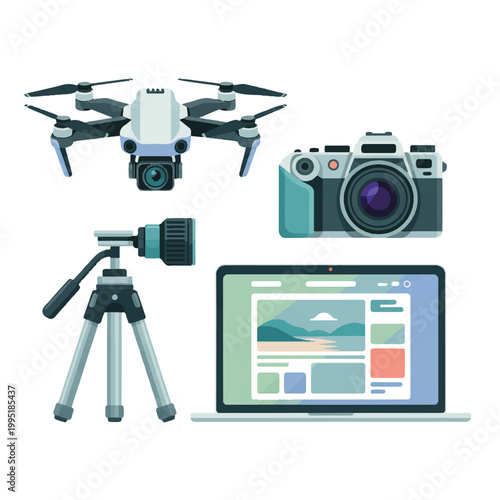 Digital photography and videography equipment with drone camera tripod laptop for content creation digital media flat design web design technology