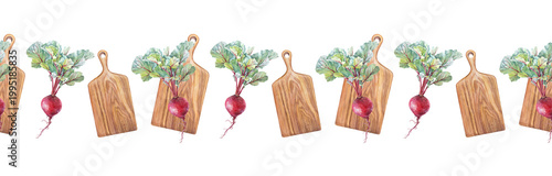 Fotografía Watercolor hand-drawn seamless border with purple beet and green leaves on cutting board on white background