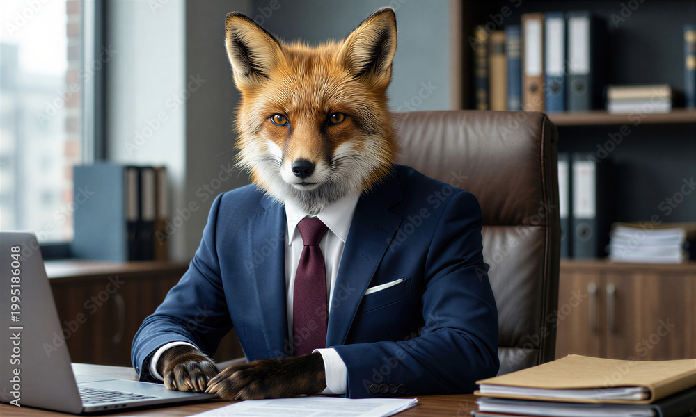 Naklejka premium Professional photorealistic portrait of a red fox in a navy business suit sitting at a modern office desk with laptop and documents, blurred office background