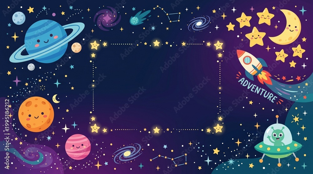 Naklejka premium Cute Space Stars Background Flat Vector Illustration