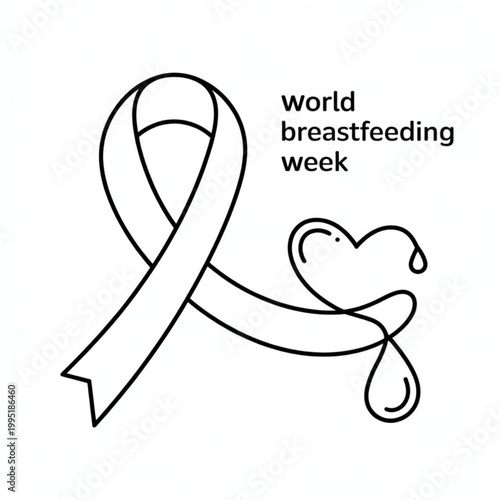 World breastfeeding week awareness ribbon icon with heart and drop shape line art design Vector, illustration