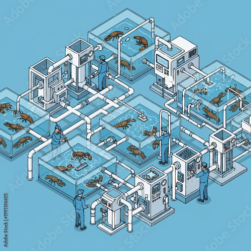 Isometric illustration of a large fish farm with workers and complex water system.